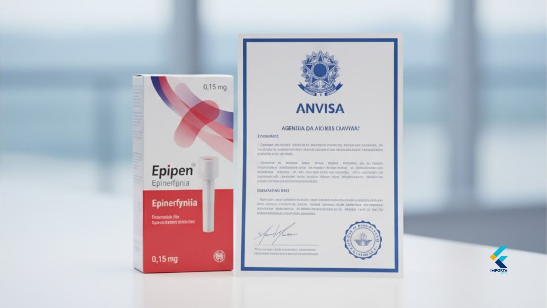 Caixa da Epipen ao lado de um documento da Anvisa ilustrando como importar Epipen legalmente