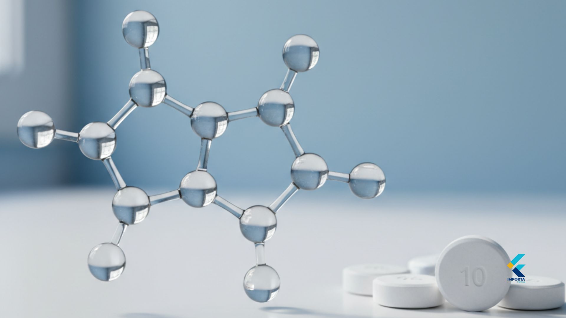 Estrutura química da molécula de hidrocortisona ao lado de comprimidos brancos de 10 mg.
