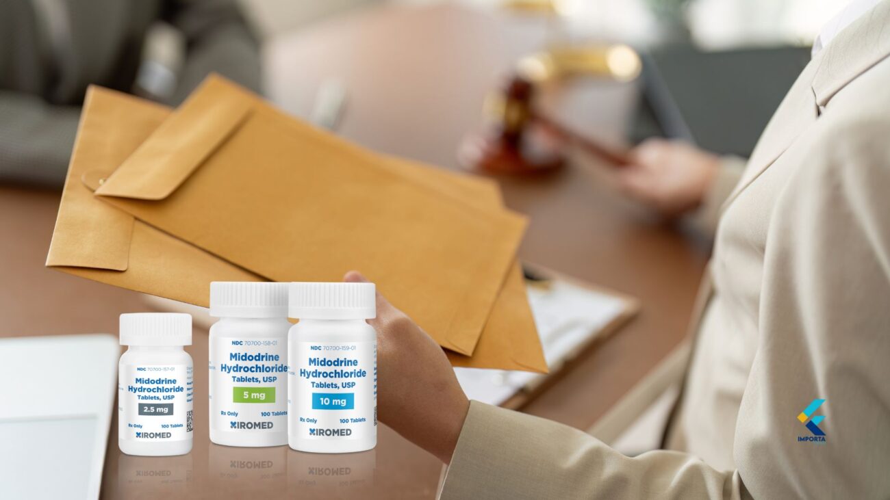 Processo legal para importar Midodrine Hydrochloride 10 mg, mostrando receita e caixa.