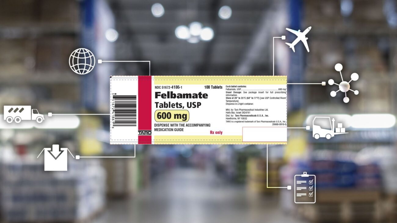 Ilustração do processo de como importar Felbamate 600 mg, mostrando receita médica, logo da Anvisa e caixa de importação.