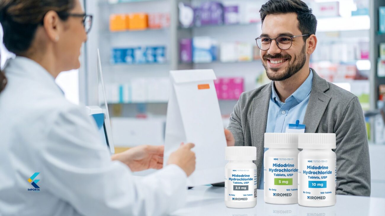 Detalhe da embalagem de Midodrine Hydrochloride 10 mg, medicamento para hipotensão ortostática.