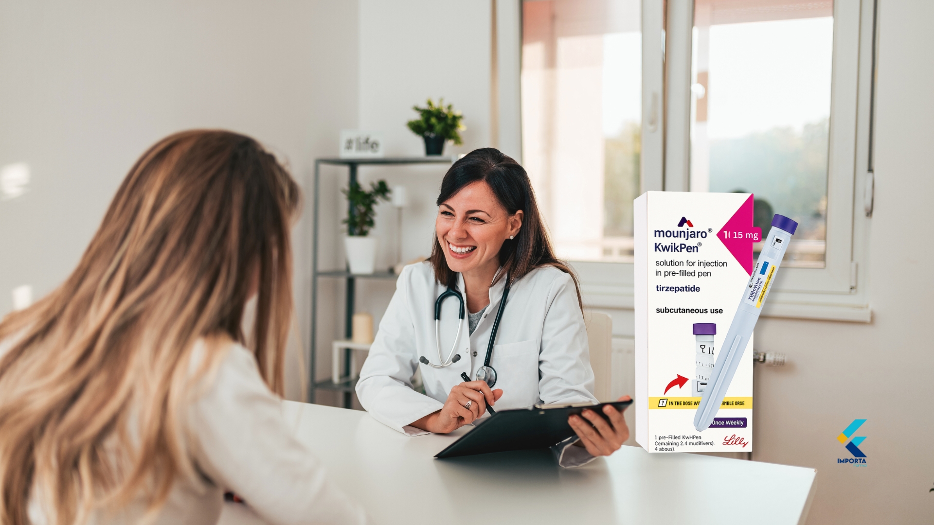 Conceito do Mounjaro 15 mg para diabetes e perda de peso, mostrando um glicosímetro e uma fita métrica.