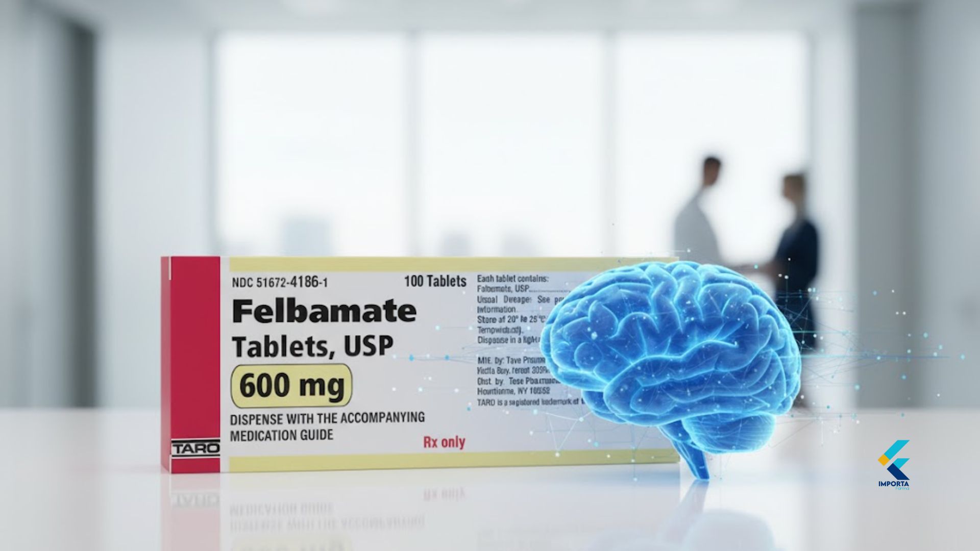 Estrutura química do princípio ativo Felbamato sobreposta a uma representação de neurônios cerebrais.