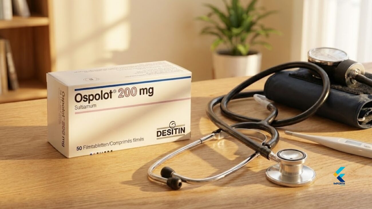Embalagem representativa do medicamento Ospolot 200 mg ao lado de equipamentos médicos.
