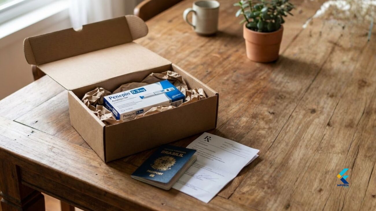 Como importar Penepin: caixa de encomenda com medicamento e documentos.