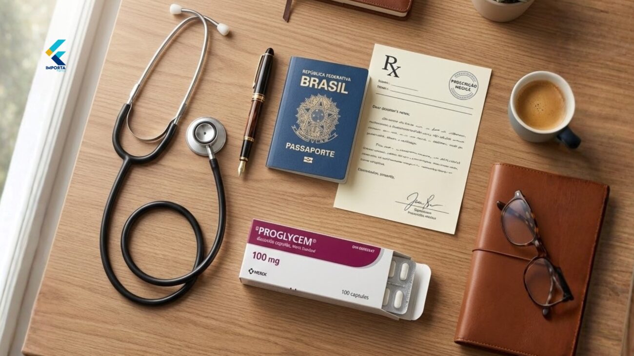 Mesa organizada com documentos para importação de medicamentos.