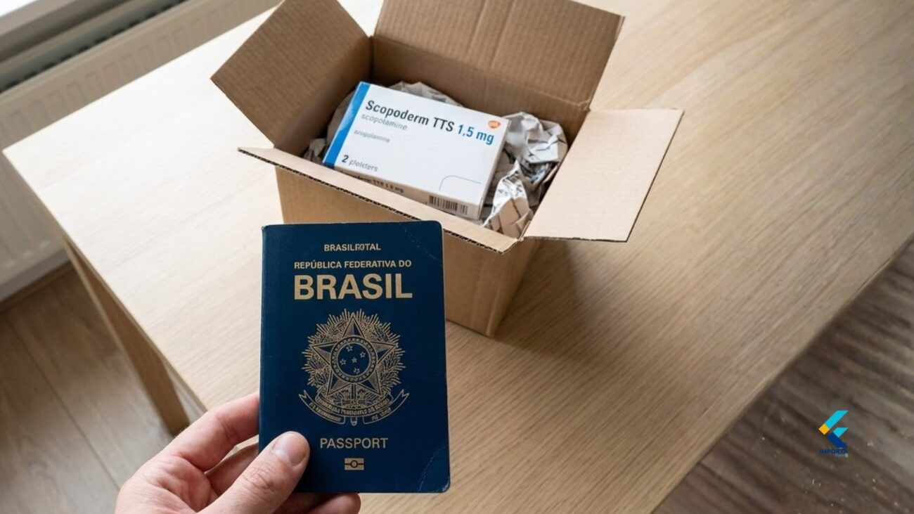 Passaporte e encomenda com medicamento Scopoderm importado.