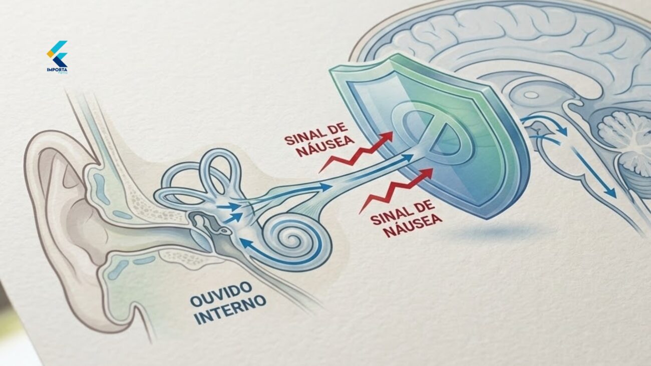 Infográfico sobre equilíbrio e enjoo de movimento em viagens.