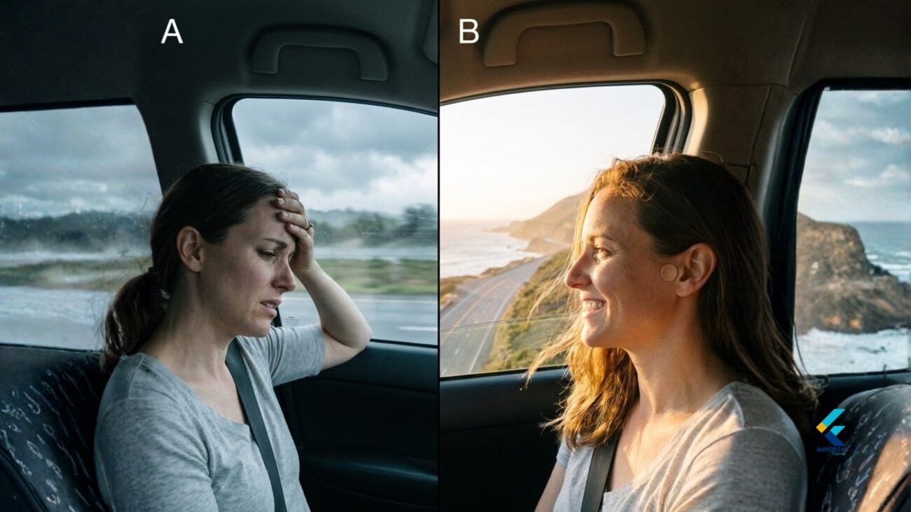 Comparativo: mulher com e sem enjoo e vômitos em viagem.
