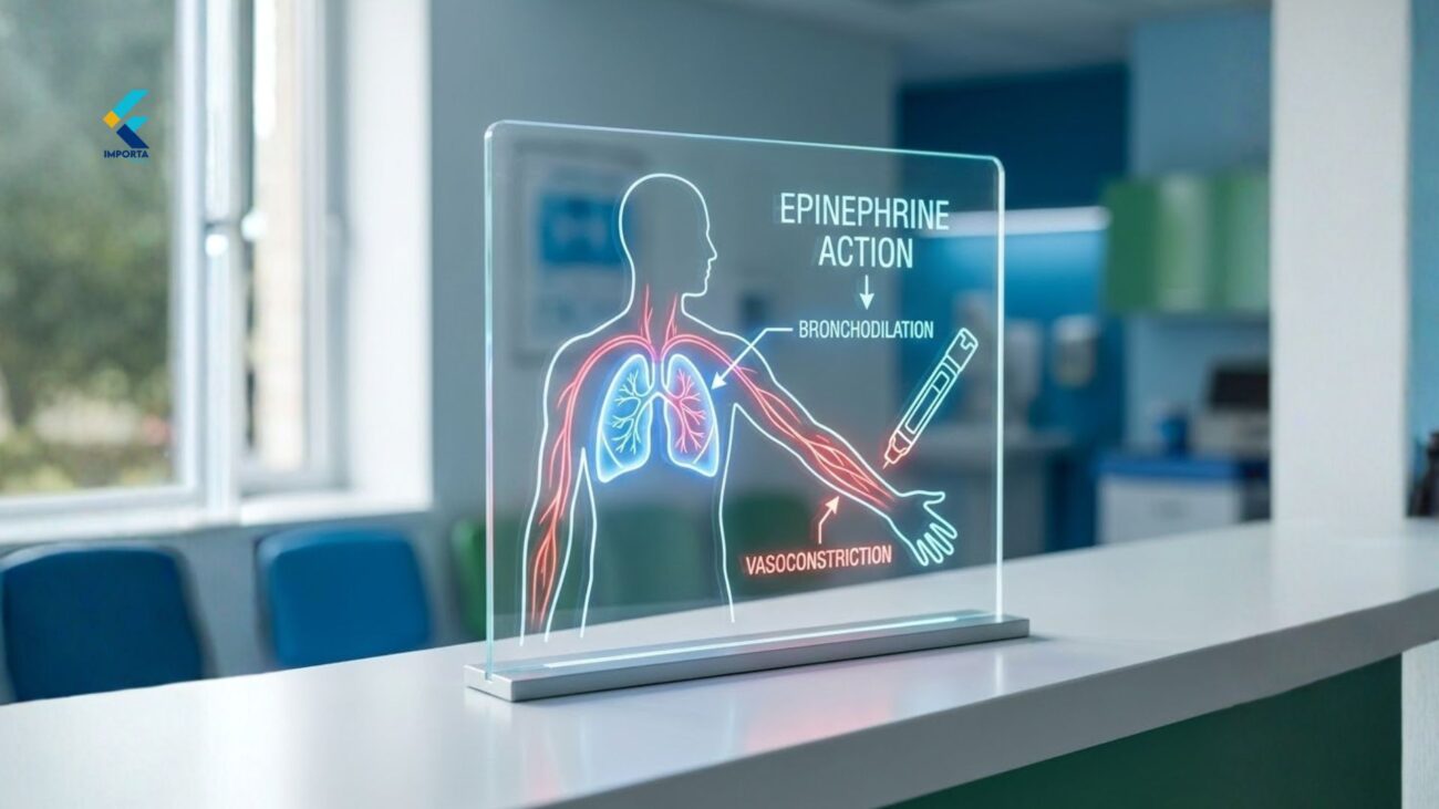 Ilustração da ação da epinefrina injetável nos pulmões e vasos sanguíneos.