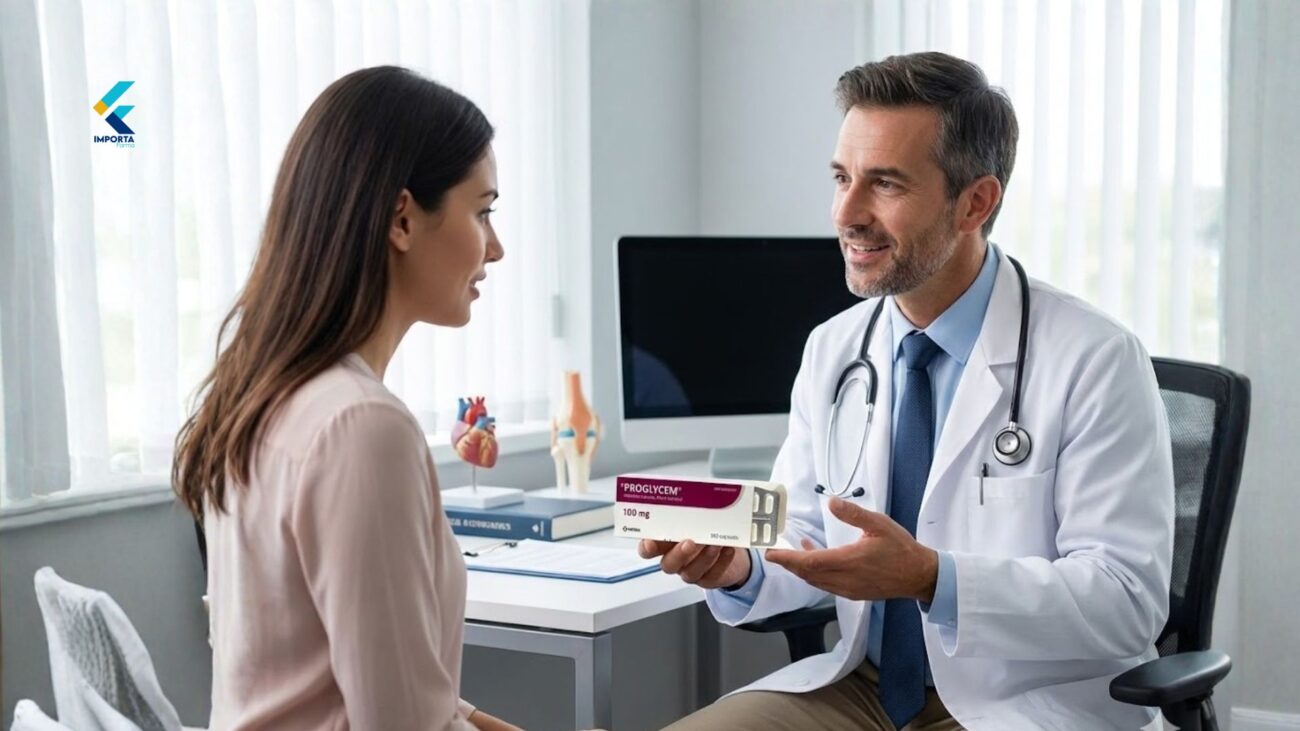 Caixa do medicamento Proglicem 100 mg para tratamento de hipoglicemia.