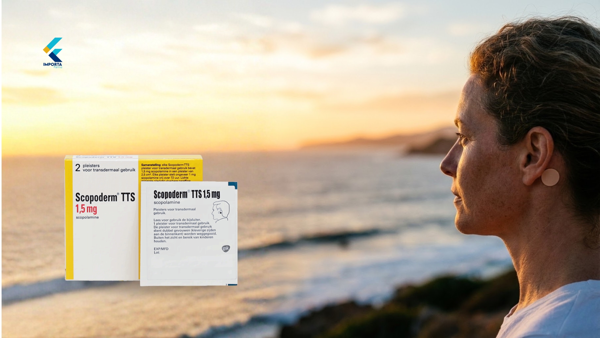 Mulher usando adesivo Scopoderm TTS 1,5 mg atrás da orelha contra enjoo.